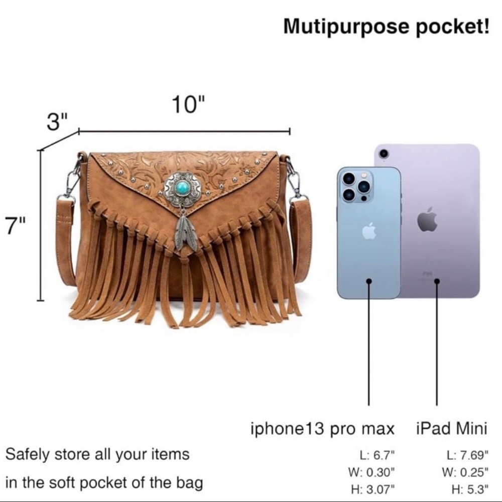 NEW Western Fringed Brown with Turquoise Crossbody Bag - Picture 4 of 8